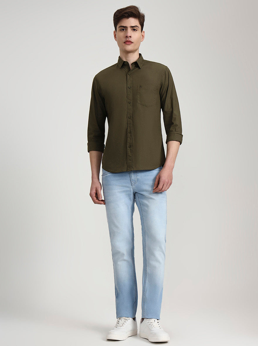 Olive Green Solid Slim Fit Casual Shirt | Greenfibre