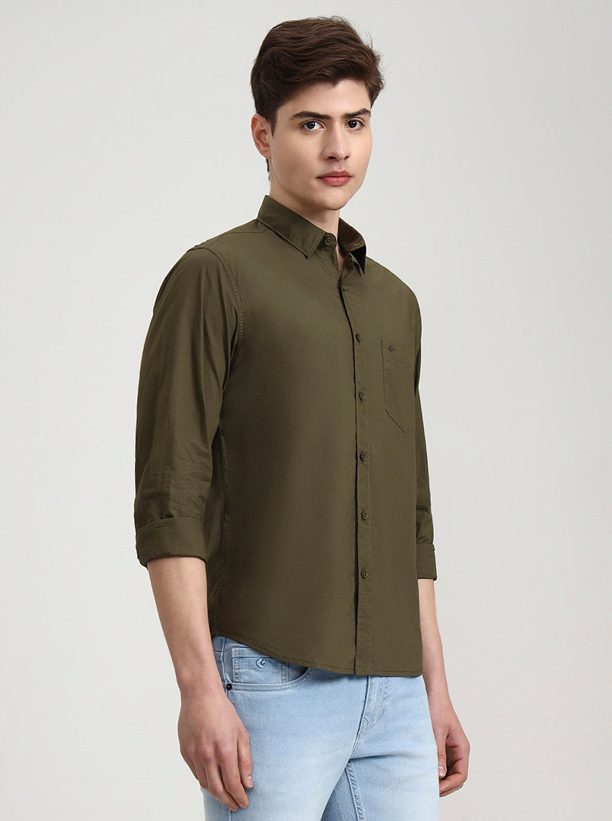 Olive Green Solid Slim Fit Casual Shirt | Greenfibre
