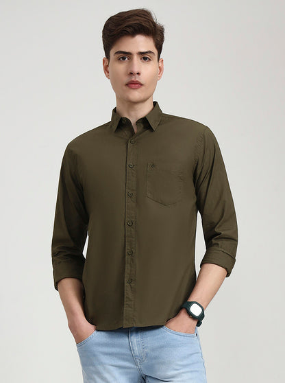 Olive Green Solid Slim Fit Casual Shirt | Greenfibre