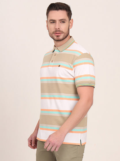 White & Green Striped Slim Fit Polo T-Shirt | JadeBlue