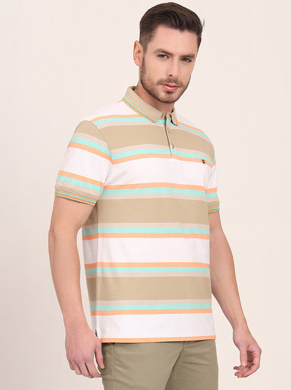 White & Green Striped Slim Fit Polo T-Shirt | JadeBlue