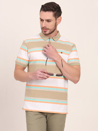 White & Green Striped Slim Fit Polo T-Shirt | JadeBlue