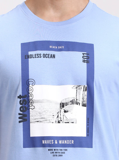 Sky Blue Printed Slim Fit T-Shirt | Greenfibre