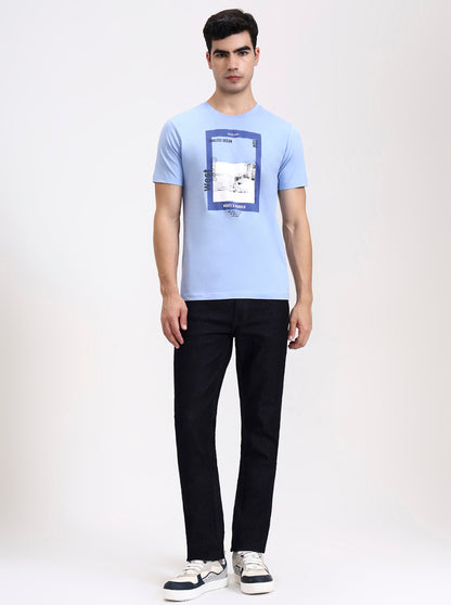 Sky Blue Printed Slim Fit T-Shirt | Greenfibre