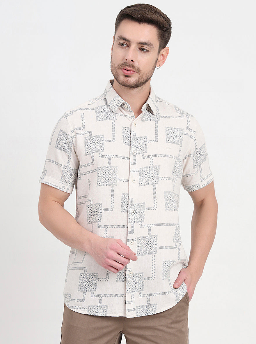 Cream & Blue Printed Slim Fit Casual Shirt | JadeBlue