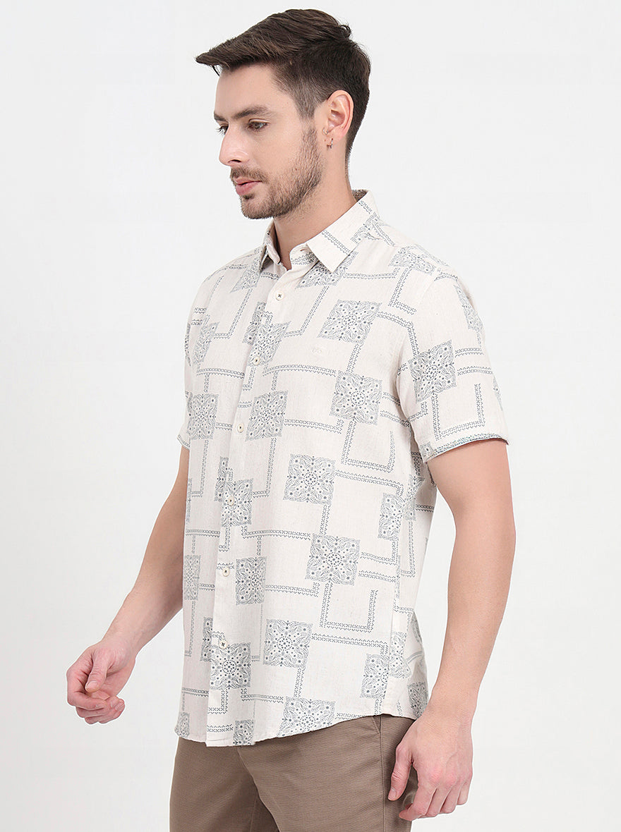 Cream & Blue Printed Slim Fit Casual Shirt | JadeBlue