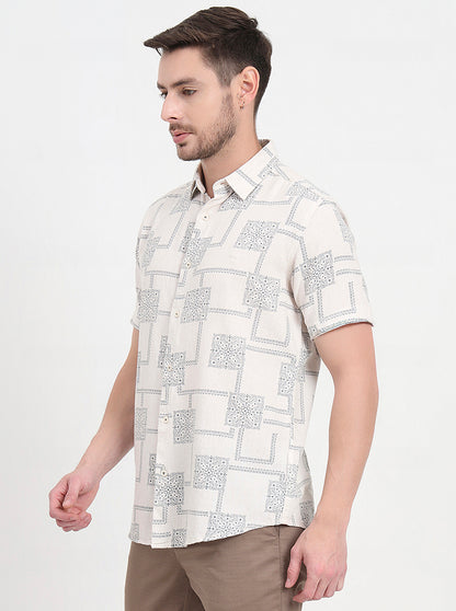 Cream & Blue Printed Slim Fit Casual Shirt | JadeBlue