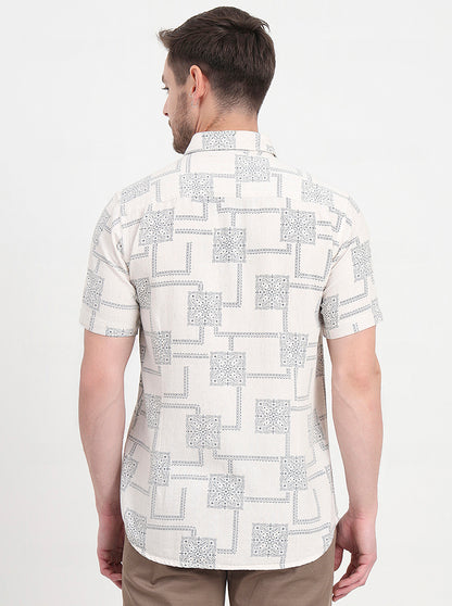 Cream & Blue Printed Slim Fit Casual Shirt | JadeBlue
