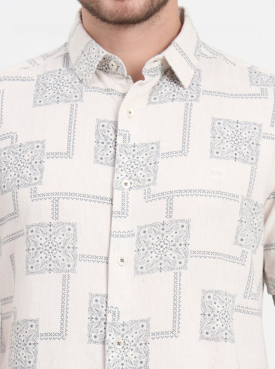 Cream & Blue Printed Slim Fit Casual Shirt | JadeBlue