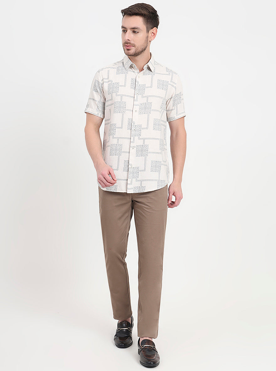 Cream & Blue Printed Slim Fit Casual Shirt | JadeBlue