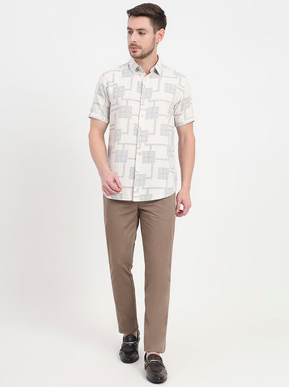 Cream & Blue Printed Slim Fit Casual Shirt | JadeBlue