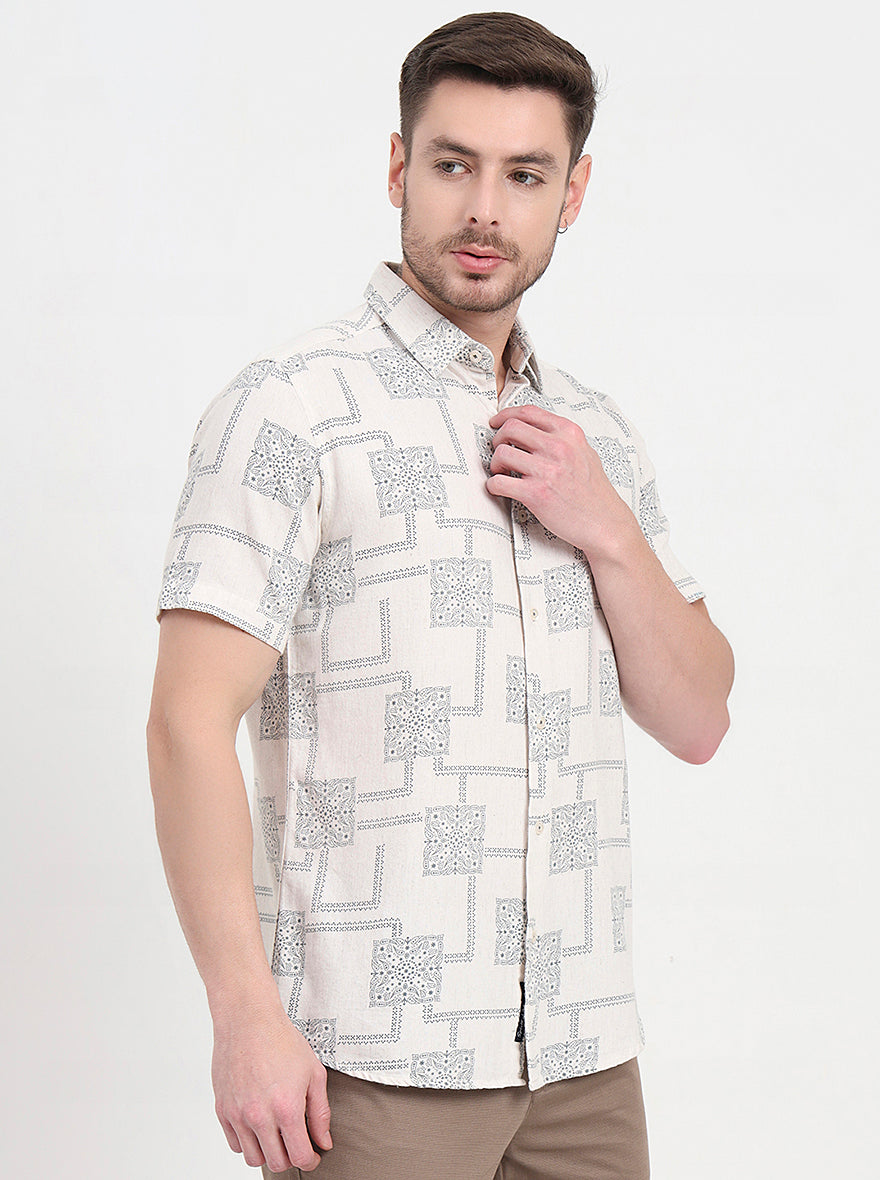 Cream & Blue Printed Slim Fit Casual Shirt | JadeBlue