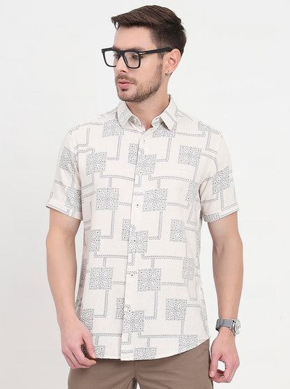 Cream & Blue Printed Slim Fit Casual Shirt | JadeBlue