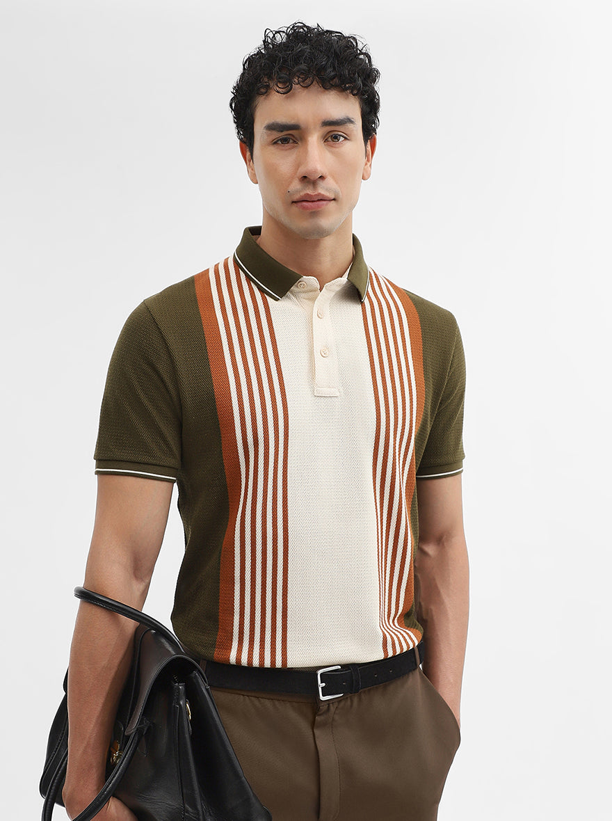 Olive & Cream Striped Slim Fit Polo T-Shirt | JadeBlue