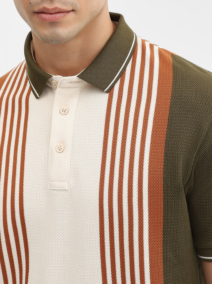 Olive & Cream Striped Slim Fit Polo T-Shirt | JadeBlue