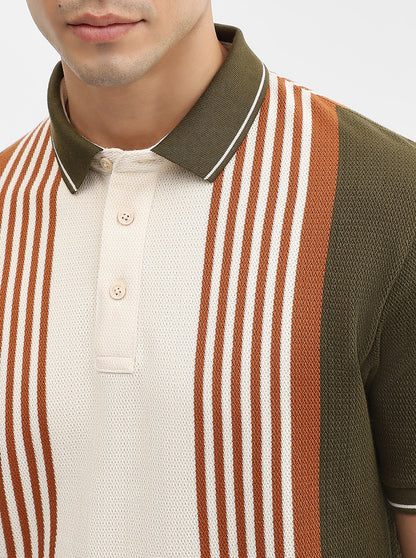 Olive & Cream Striped Slim Fit Polo T-Shirt | JadeBlue