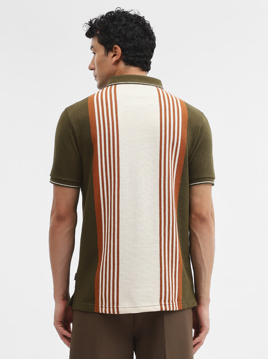 Olive & Cream Striped Slim Fit Polo T-Shirt | JadeBlue