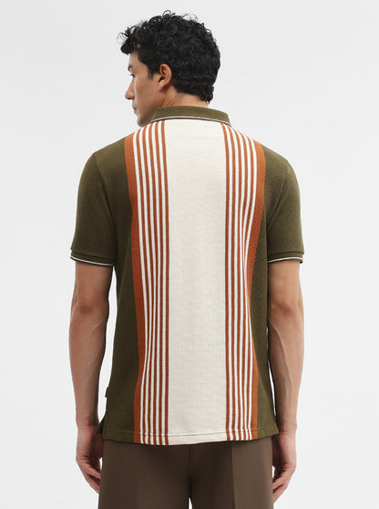 Olive & Cream Striped Slim Fit Polo T-Shirt | JadeBlue