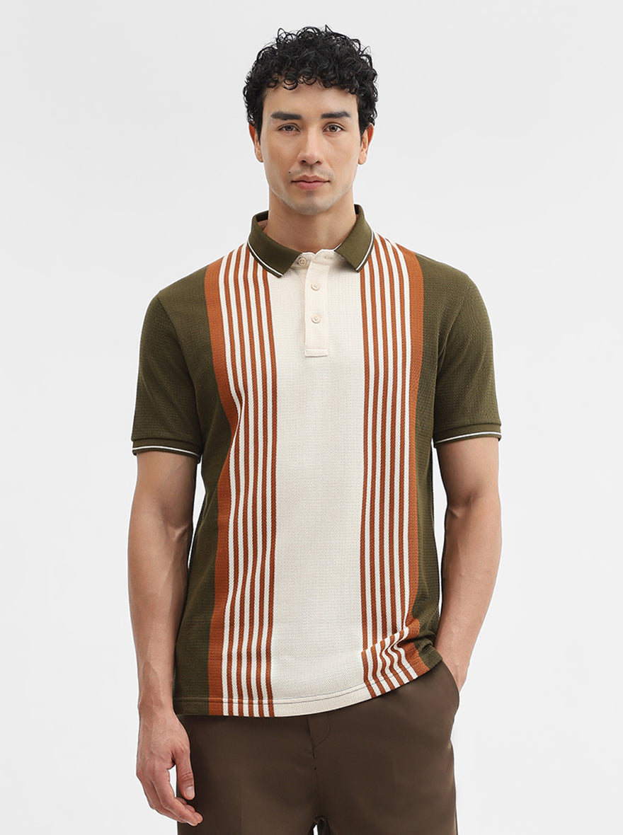 Olive & Cream Striped Slim Fit Polo T-Shirt | JadeBlue