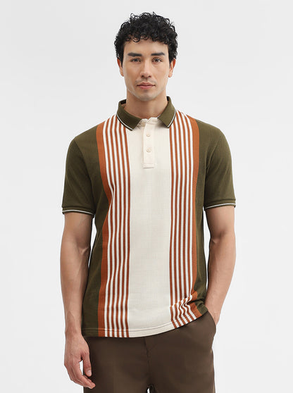 Olive & Cream Striped Slim Fit Polo T-Shirt | JadeBlue