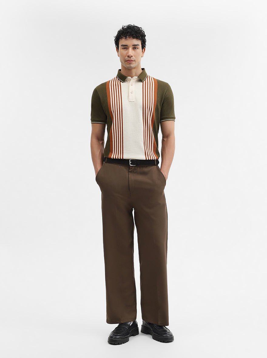 Olive & Cream Striped Slim Fit Polo T-Shirt | JadeBlue