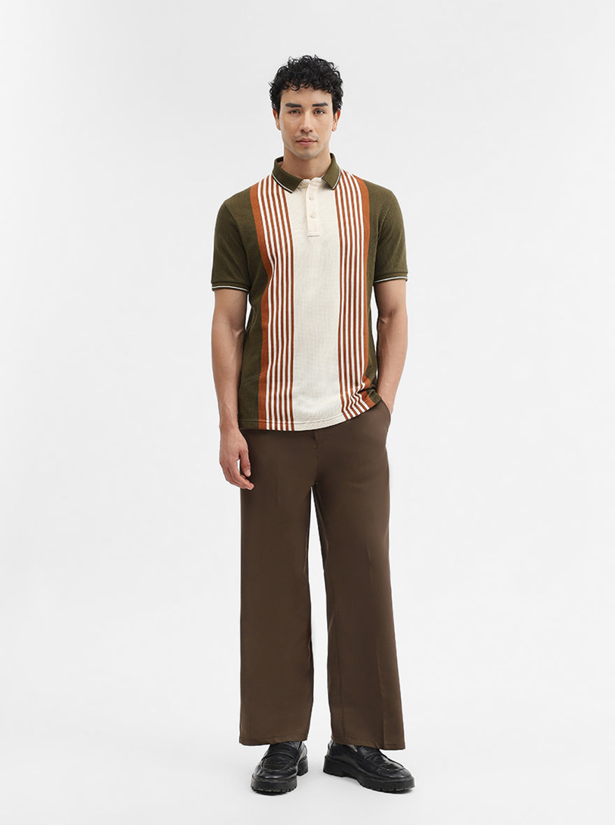 Olive & Cream Striped Slim Fit Polo T-Shirt | JadeBlue