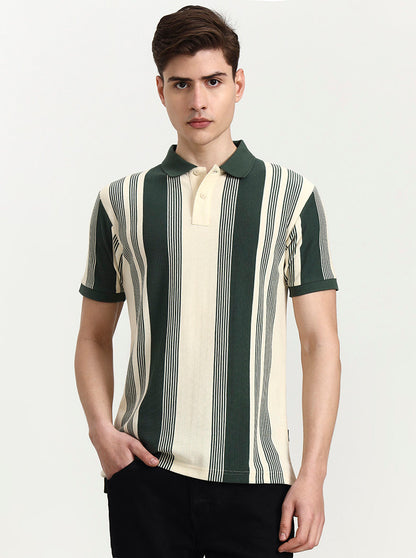 Green & White Striped Slim Fit Polo T-Shirt | Greenfibre