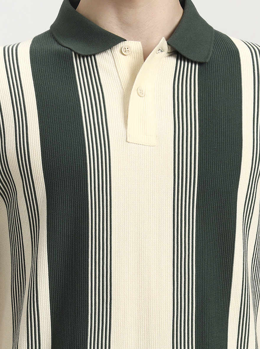 Green & White Striped Slim Fit Polo T-Shirt | Greenfibre