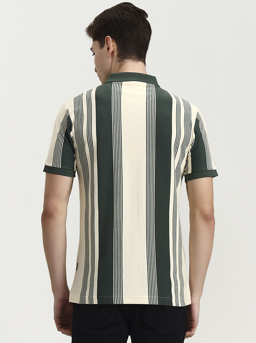 Green & White Striped Slim Fit Polo T-Shirt | Greenfibre