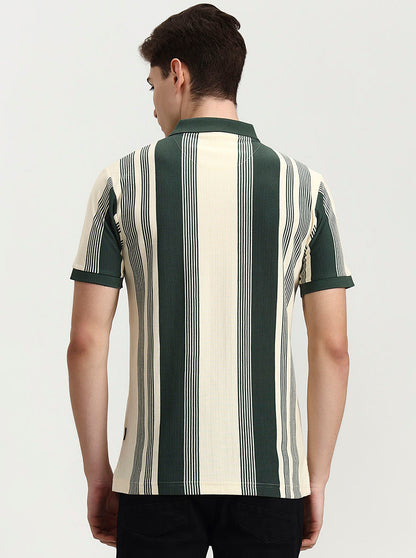 Green & White Striped Slim Fit Polo T-Shirt | Greenfibre