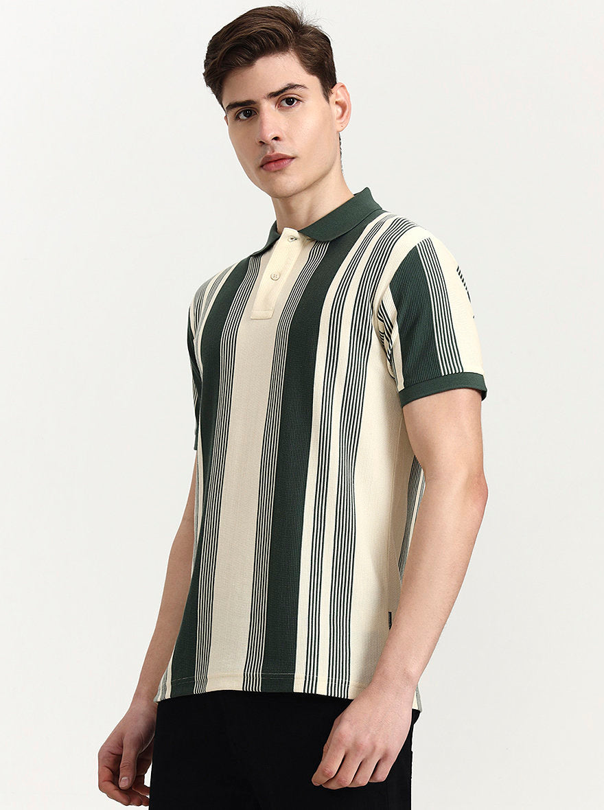 Green & White Striped Slim Fit Polo T-Shirt | Greenfibre