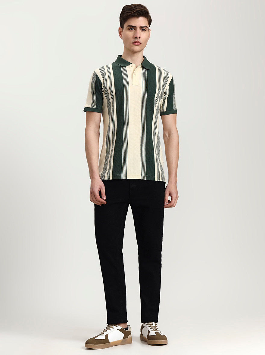 Green & White Striped Slim Fit Polo T-Shirt | Greenfibre