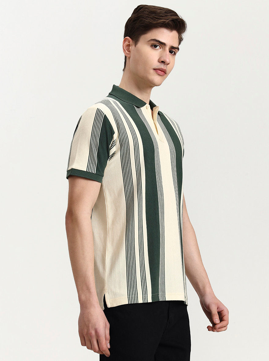 Green & White Striped Slim Fit Polo T-Shirt | Greenfibre