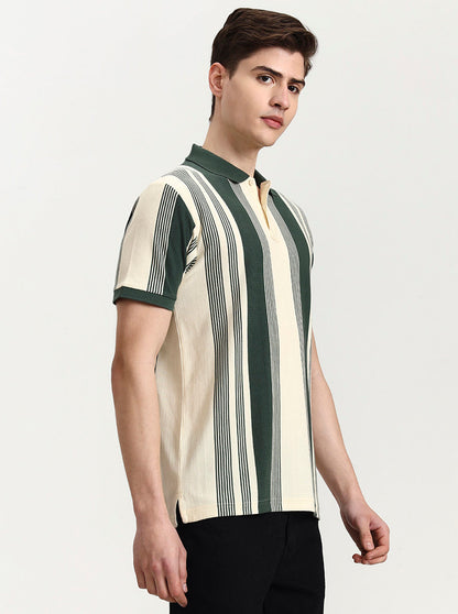 Green & White Striped Slim Fit Polo T-Shirt | Greenfibre