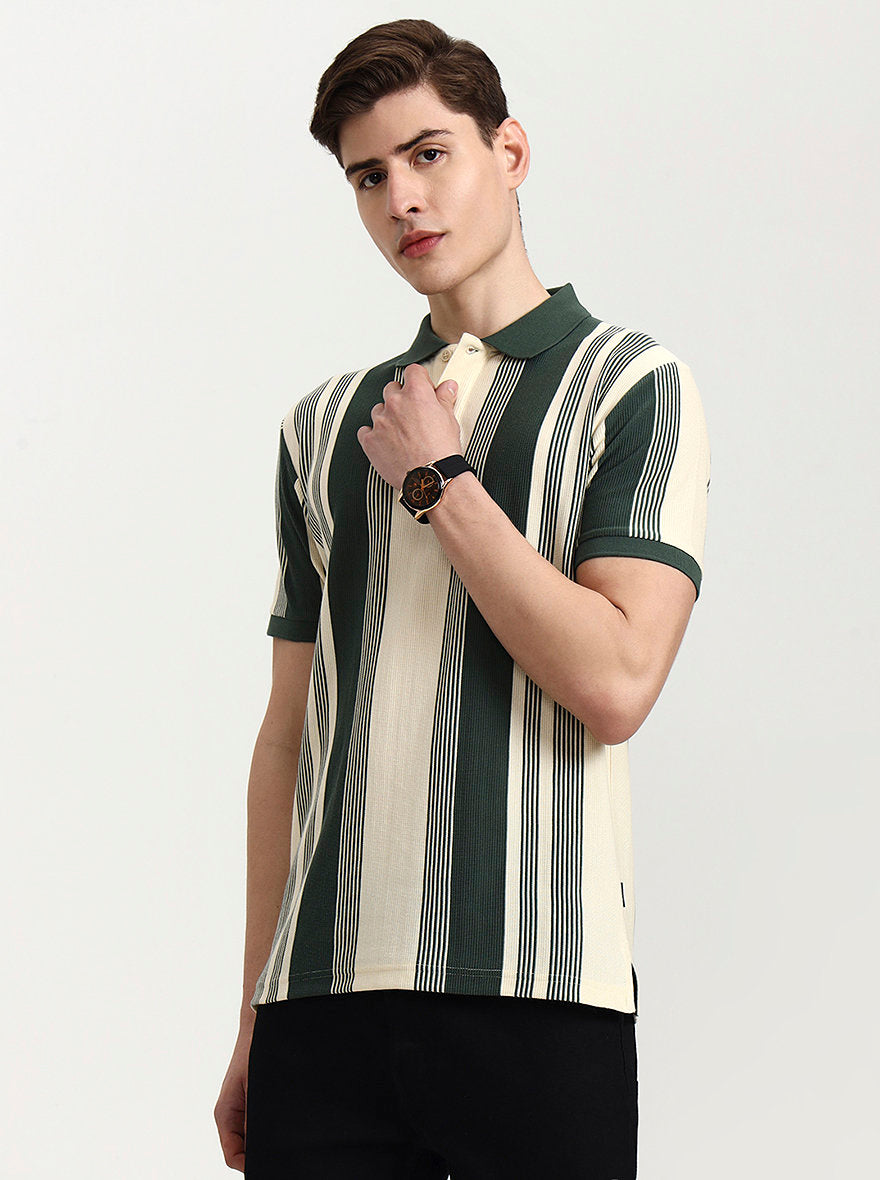 Green & White Striped Slim Fit Polo T-Shirt | Greenfibre