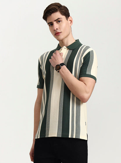 Green & White Striped Slim Fit Polo T-Shirt | Greenfibre