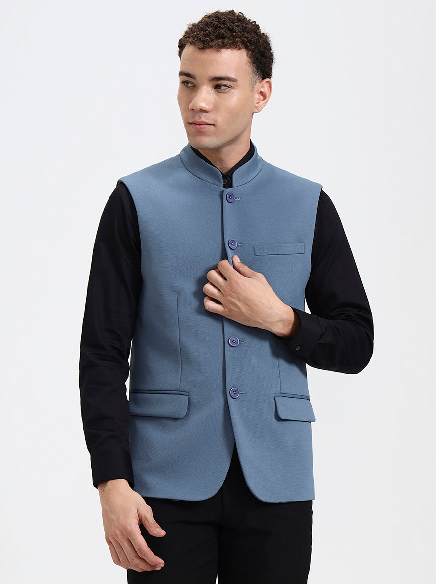 Blue Solid Regular Fit Waistcoat  | Wyre