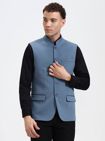 Blue Solid Regular Fit Waistcoat  | Wyre