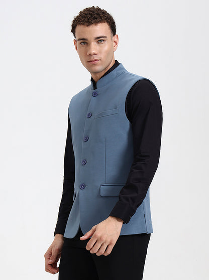 Blue Solid Regular Fit Waistcoat  | Wyre