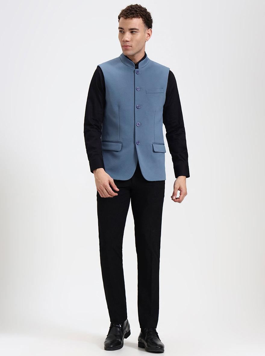 Blue Solid Regular Fit Waistcoat  | Wyre