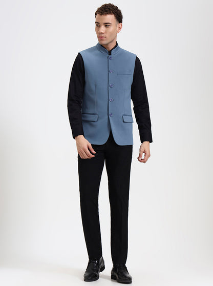 Blue Solid Regular Fit Waistcoat  | Wyre