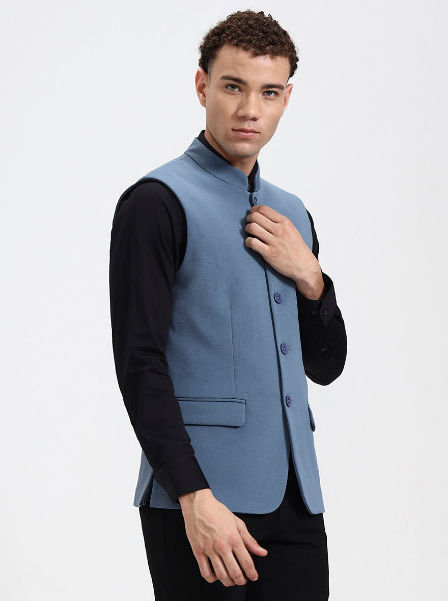 Blue Solid Regular Fit Waistcoat  | Wyre