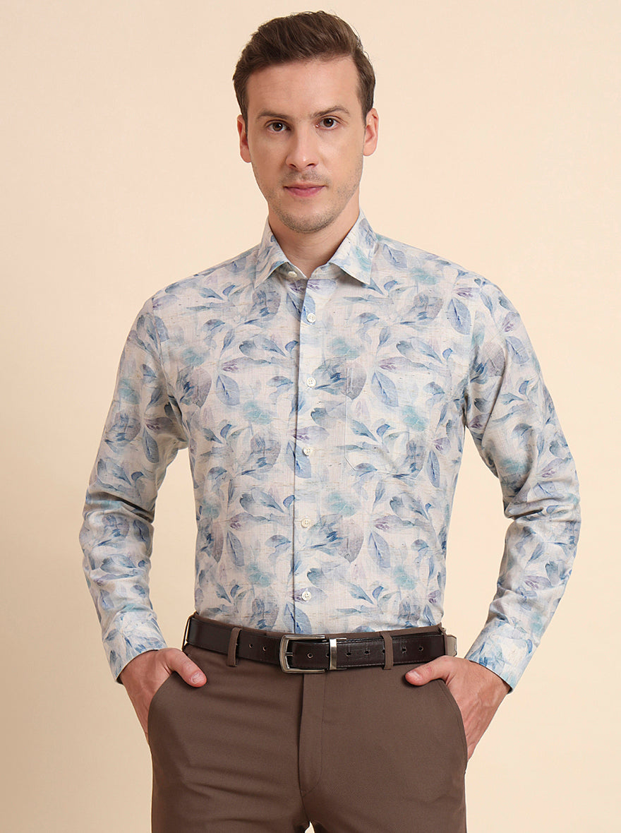 Sky Blue & Beige Printed Regular Fit Formal Shirt | JadeBlue