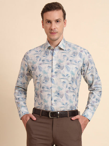 Sky Blue & Beige Printed Regular Fit Formal Shirt | JadeBlue