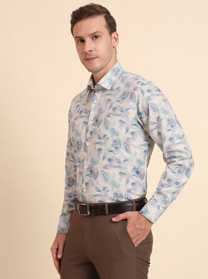 Sky Blue & Beige Printed Regular Fit Formal Shirt | JadeBlue