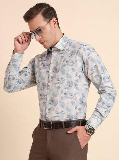Sky Blue & Beige Printed Regular Fit Formal Shirt | JadeBlue