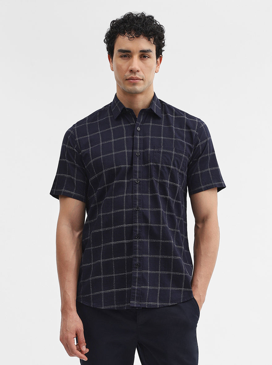 Navy Blue Checked Smart Fit Semi Casual Shirt | Greenfibre