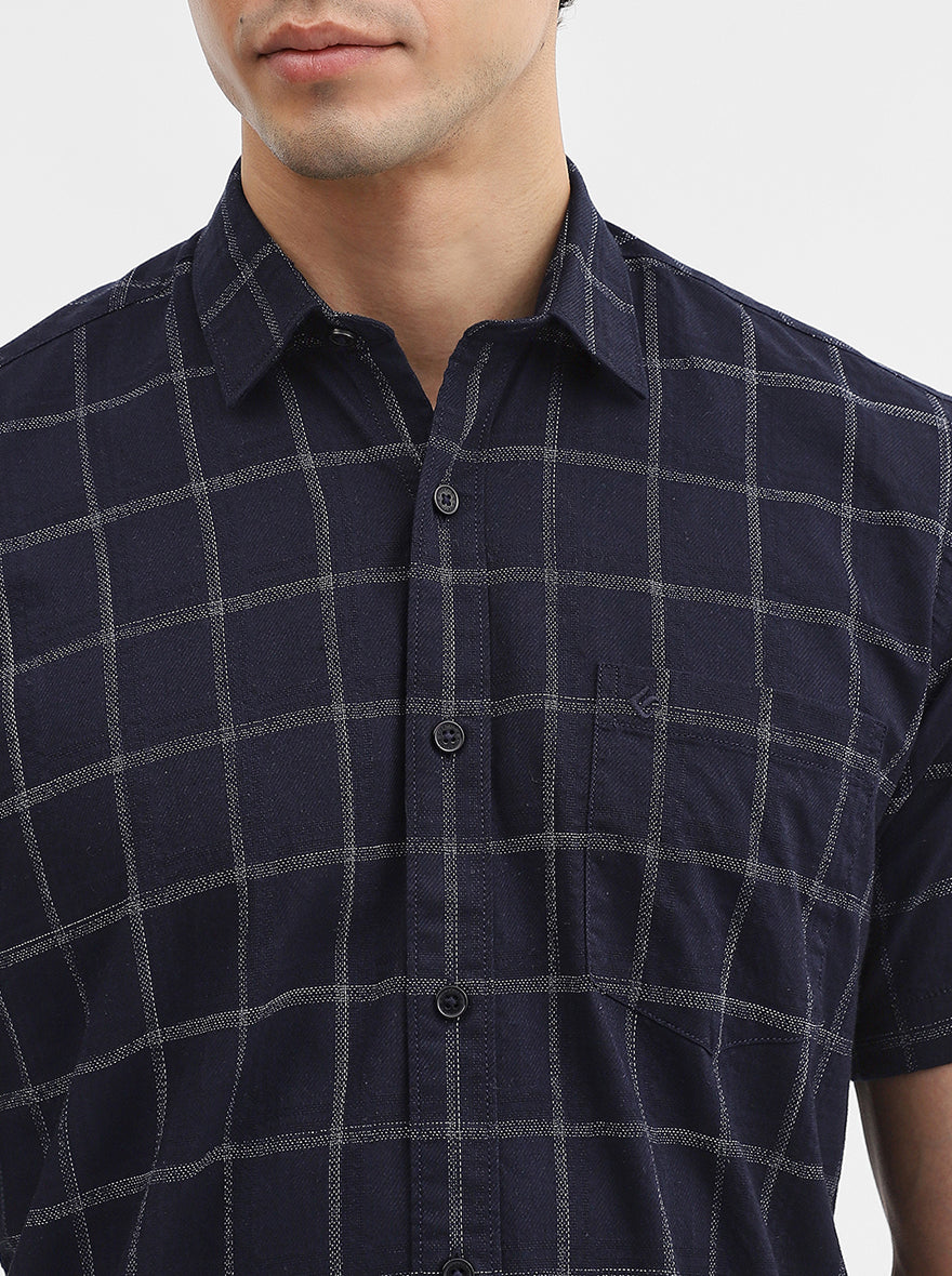 Navy Blue Checked Smart Fit Semi Casual Shirt | Greenfibre