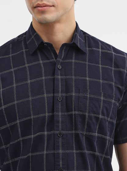 Navy Blue Checked Smart Fit Semi Casual Shirt | Greenfibre
