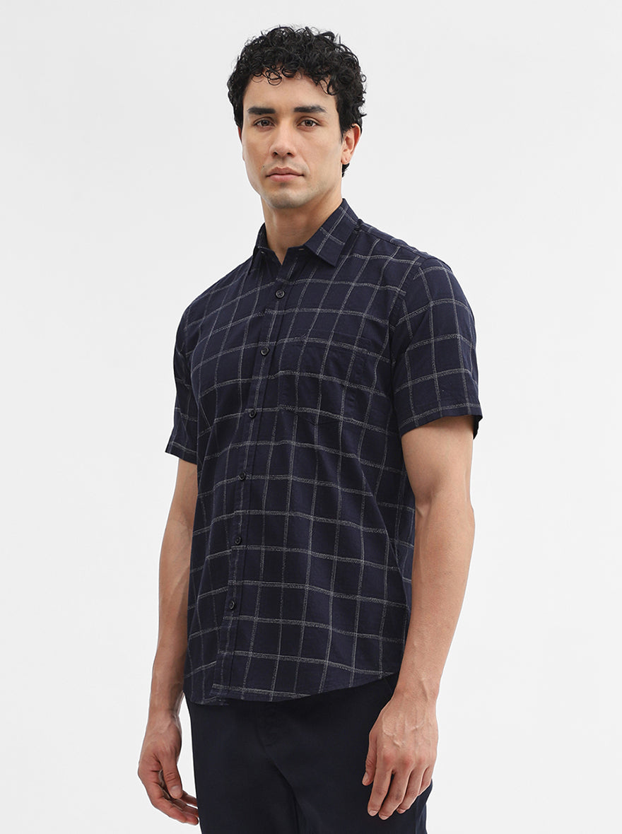 Navy Blue Checked Smart Fit Semi Casual Shirt | Greenfibre